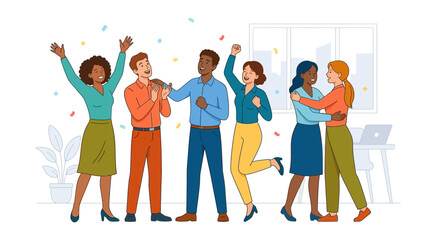 Obraz premium Diverse group of happy people celebrating success with confetti and hugs in a modern office setting.