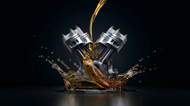 V- Twin Engine with Oil Pouring and Splashing in Dynamic Motion V-twin engine motor