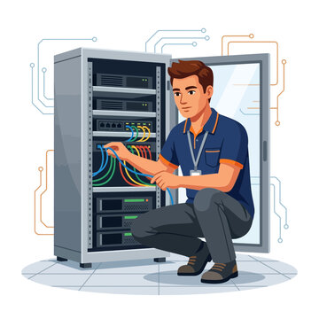 IT Technician Connecting Cables to Server Rack in Data Center, Vector Illustration