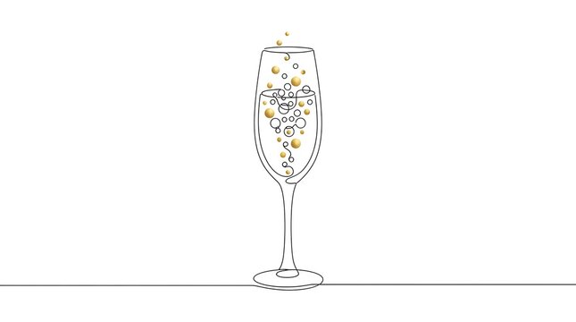 A minimalist line drawing of a champagne flute with gold confetti on a white background, perfect for celebrating special occasions in a modern and elegant way.