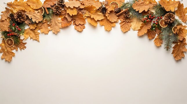 A festive autumnal garland adorns a white background for seasonal decoration