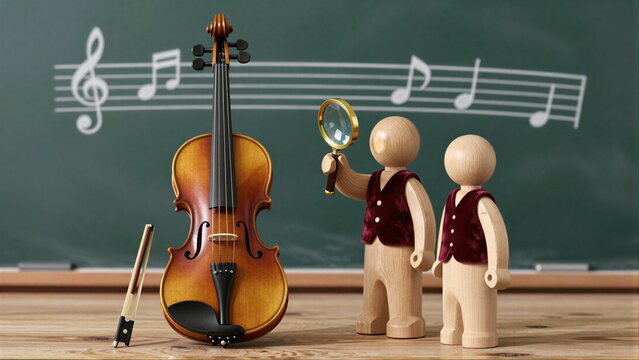 Wooden figures explore music with a violin and sheet notes on chalkboard background.