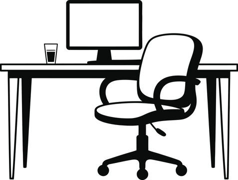 Office desk icon with computer chair monitor glass workplace furniture linear vector symbol outline design