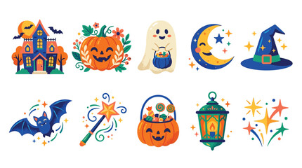 Fototapeta premium Collection of cute Halloween icons including a haunted house, pumpkin, ghost, moon, witch hat, bat, magic wand, lantern, and fireworks.