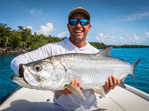 Happy fisherman holding a large tarpon caught on a boat in the ocean