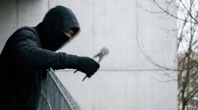 Criminal caught breaking law wearing black hoodie and gloves holding pliers near fence with blurred background