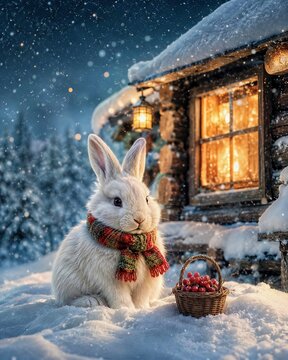 Cozy Arctic Hare in Snowy Winter Cottage