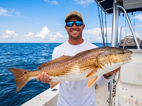 Proud fisherman holding a big red drum catch on a boat charter