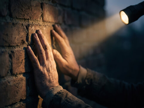 Hands pressed against brick wall illuminated by flashlight beam in dark setting creating tense atmosphere