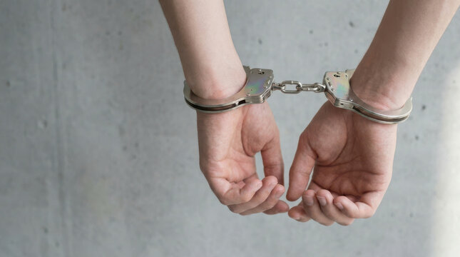Handcuffed hands held behind back with metal cuffs on skin against gray wall background