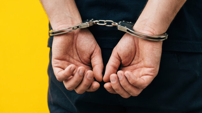 Hands cuffed behind back with metal handcuffs on yellow background, symbolizing arrest and restraint