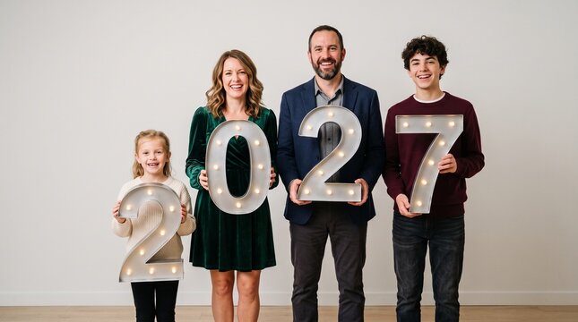 A happy family posing with illuminated numbers 2, 0, 2, and 7, symbolizing the year 2027. 