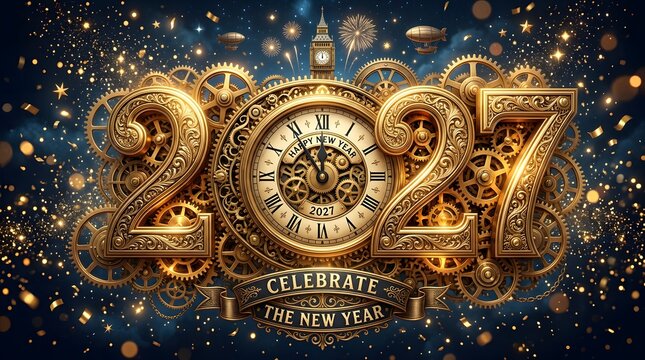 2027 New Year celebration background with golden clock gears and festive sparkles