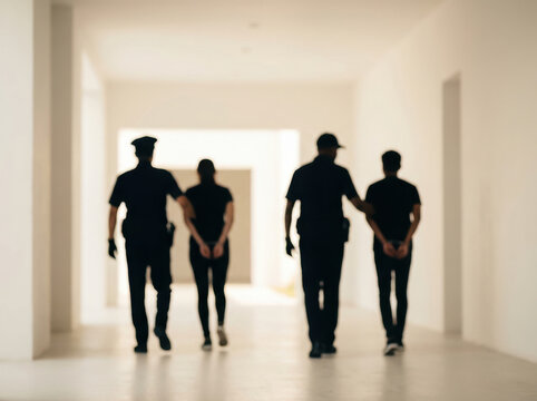Officer leading handcuffed suspect bright corridor, two police officers escorting two detained individuals with serious