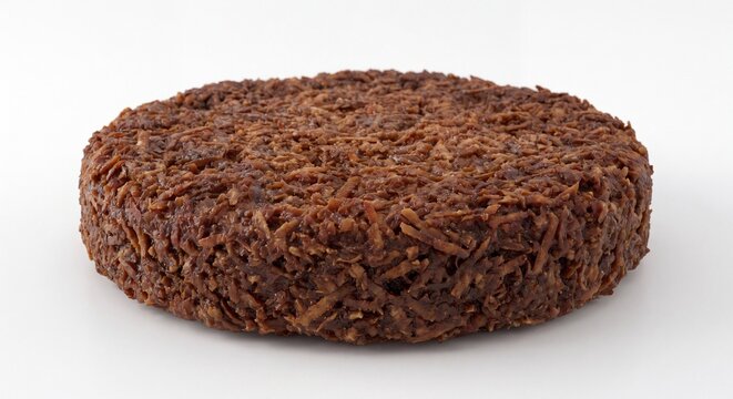 A round, textured brown potato rosti or hash brown patty isolated on a plain white background area.