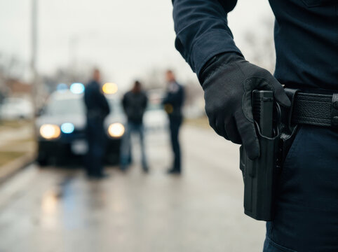 Police officer holding gun on duty with blurred background of arrest scene and patrol car lights flashing
