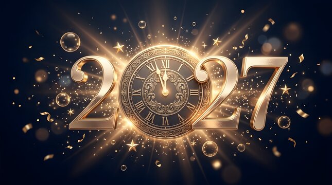 Golden year twenty twenty seven typography with clock and glowing celebration confetti