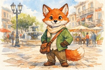 Fototapeta premium Cute fox character with scarf and messenger bag walking in old european town square with fountain. Watercolor illustration of smiling anthropomorphic animal