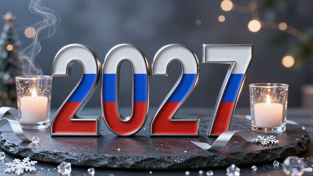2027 New Year celebration with Russian flag-themed numbers, candles, and snowflakes.