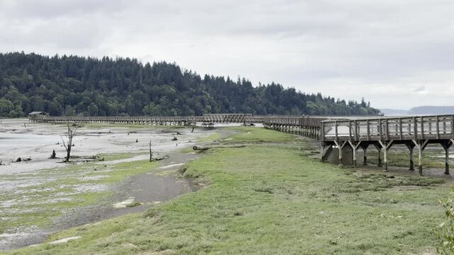 Nisqually National Wildlife Refuge boardwalk and tidelands when tide is out on an overcast moody day.