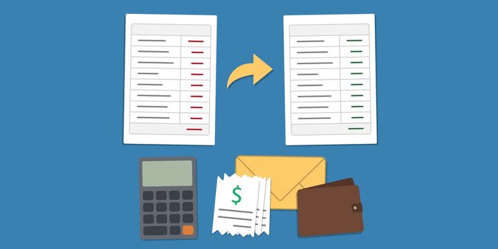 Existing budget transformed into a revised spending plan with adjusted expenses, savings allocation and improved financial organization. Financial restructuring concept scene.