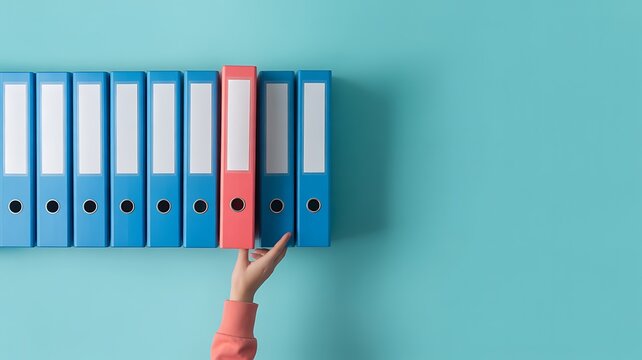 Hand choosing a unique red folder from a row of identical blue office binders on a plain wall background