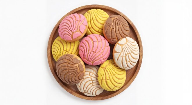 A top-down view of colorful Mexican conchas arranged on a circular wooden tray against white space.