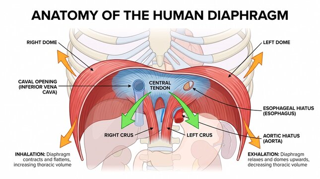 Anatomy of the human diaphragm diagram with labels