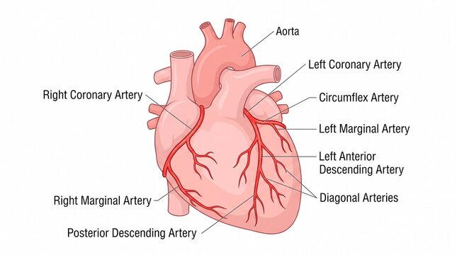 Anatomy of human heart showing coronary arteries and aorta