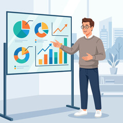 Obraz premium Man Presenting Financial Charts and Graphs on a Whiteboard in an Office Setting
