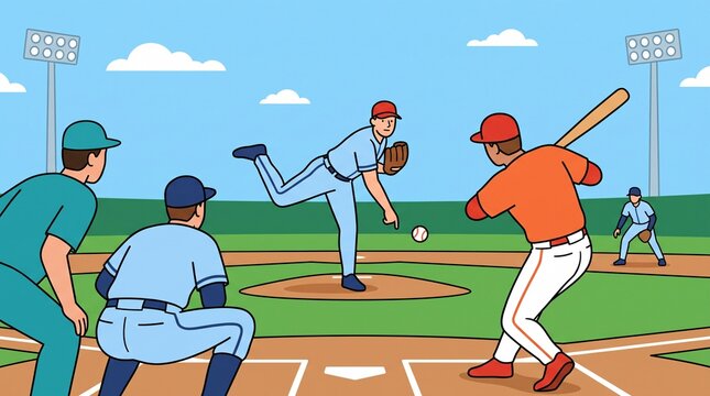 Baseball pitcher throwing a ball to a batter in a stadium