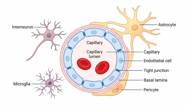 Cross section diagram of the blood brain barrier anatomy