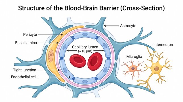 Medical diagram of blood brain barrier structure