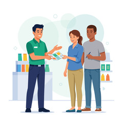 Obraz premium Sales Representative Explains Brochure to Diverse Couple in Retail Store Setting