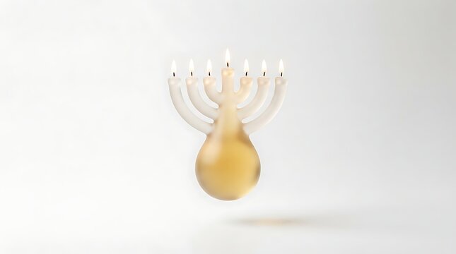 A modern glass menorah with seven lit candles glowing against a soft white background studio setting with branched candle holder soft lighting subtle