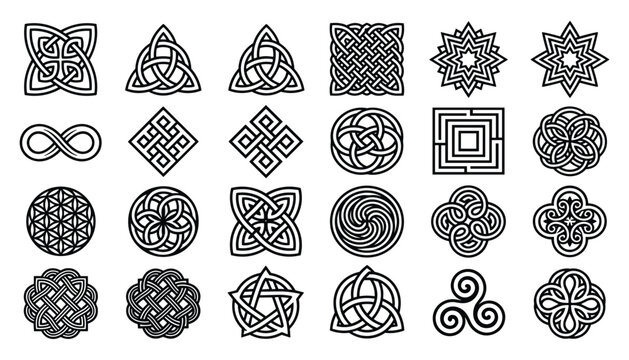 Celtic knot vector icons set with sacred geometry symbols including triquetra infinity labyrinth mandala and viking amulet illustration