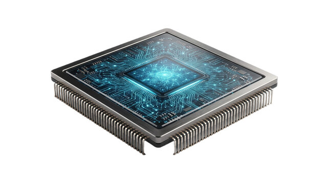 Futuristic AI Neural Network Microchip Isolated on Transparent Background
