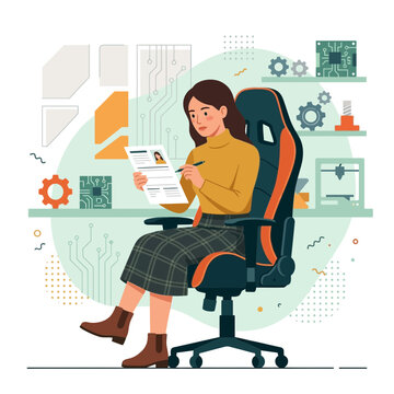 Woman in Gaming Chair Reviewing Document with Technology Background - Vector Illustration