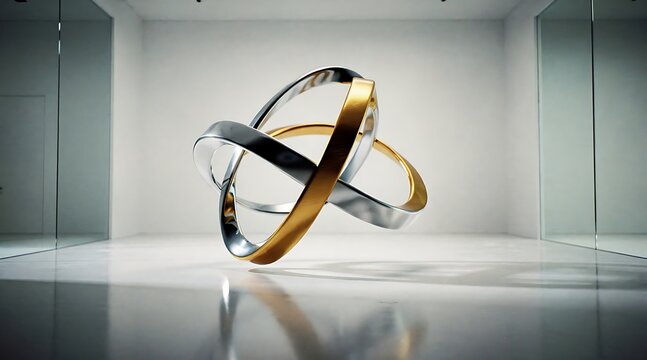 Abstract composition featuring interlocking gold and silver metallic rings in a minimalist bright interior space.