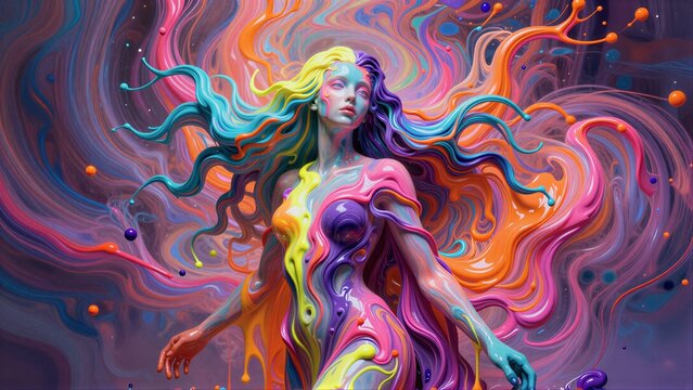A vibrant, paint-splattered woman with flowing rainbow hair in a psychedelic swirl.