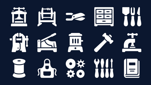 Craft and bookbinding workshop tools vector icons flat set