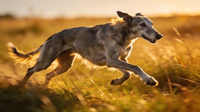 A beautiful greyhound dog running fast through a grassy field during a golden sunset.