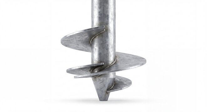 A close up view of a heavy duty steel earth auger bit isolated on a clean white studio background.
