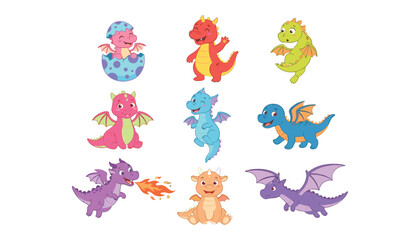 Obraz premium Cute baby dragon vector character set with cartoon dinos hatching fire breathing flying isolated on white background