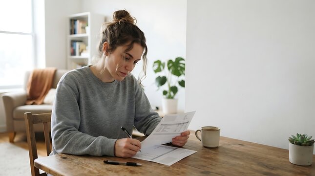 A young woman sitting at a wooden table while reviewing documents and writing with a pen with carefully reviewing paper bright room carefully