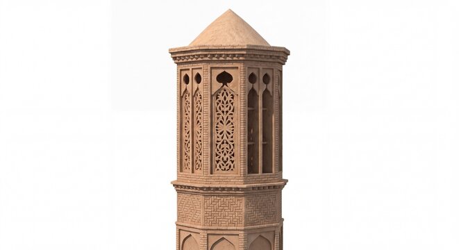 A detailed 3D render of a traditional Middle Eastern windcatcher tower with intricate stone carving.