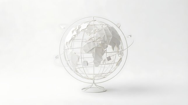 A minimalist white globe featuring geometric continents with orbiting paper planes with continents surrounded thin rings carrying miniature with clean white background