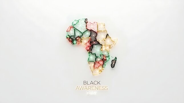 A glowing polygonal map of the african continent on a plain white background with text with low poly stylized map Africa interconnected lines glowing nodes shades green