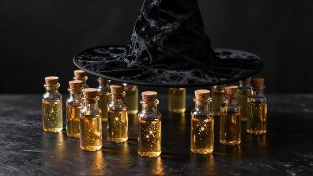 Black witch hat sits atop golden potion bottles on dark surface.