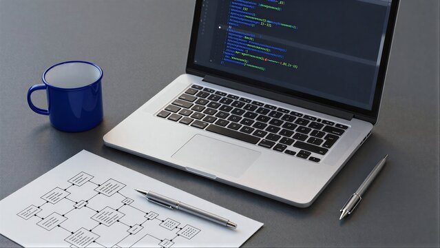 Laptop displays code, beside mug and flowchart paper with pen.